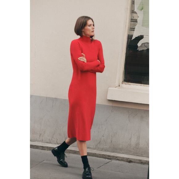 ZARA Mock High Neck Knit Midi Dress Red {YY42} - Picture 3 of 12